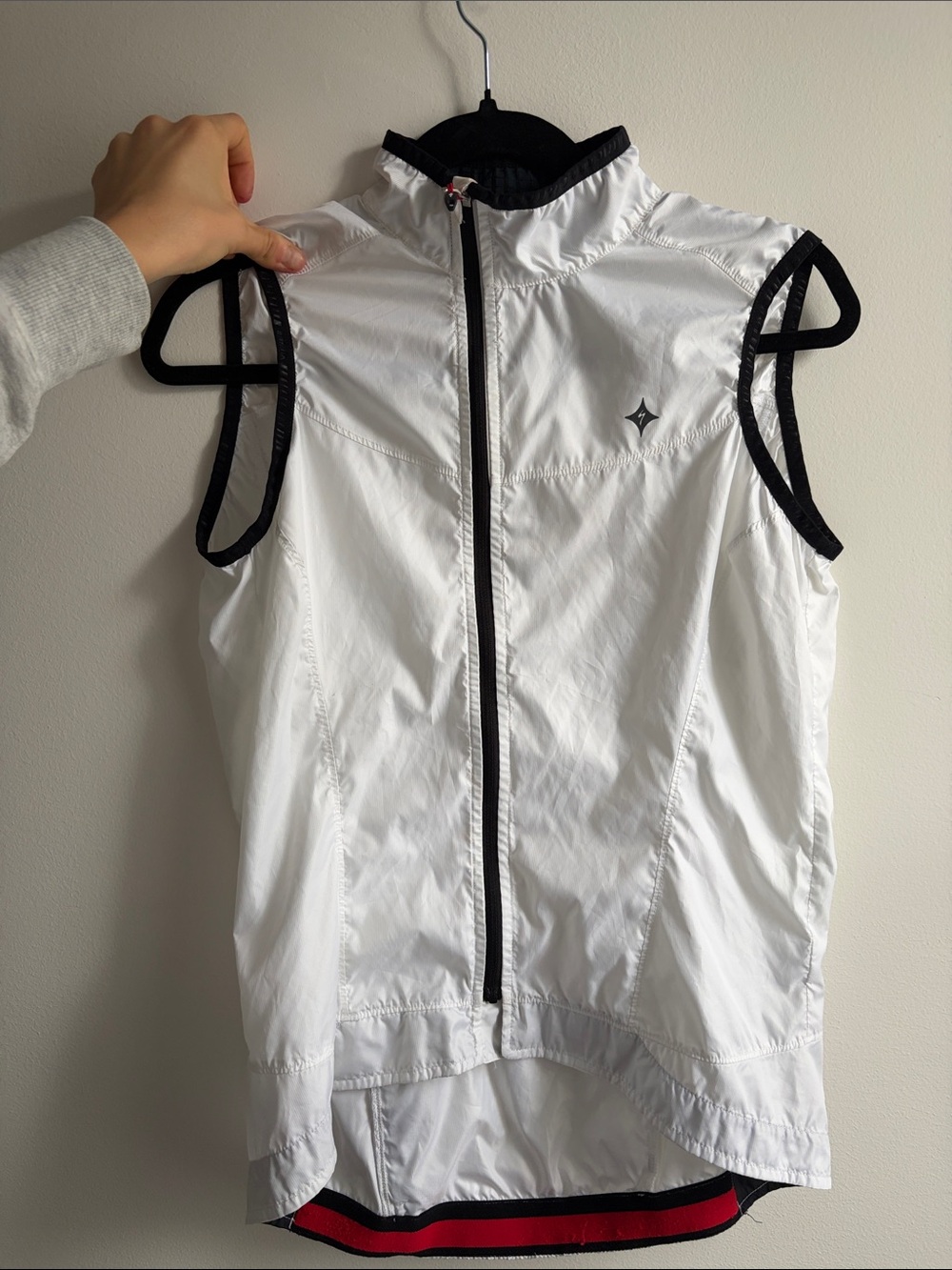 Specialized White Cycling Vest with Black Trim and Red Hem